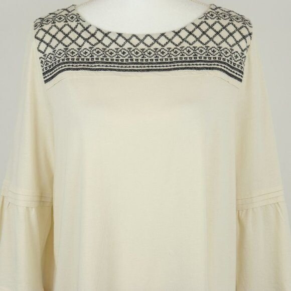 J. Jill Women's Large Petite Cream Black Embroidered Bell Sleeve Knit Blouse - Picture 2 of 9